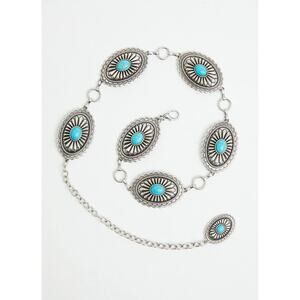 ARIAT Women's Oval Scalloped Teal Silver Concho Chain Lobster Clasp Belt